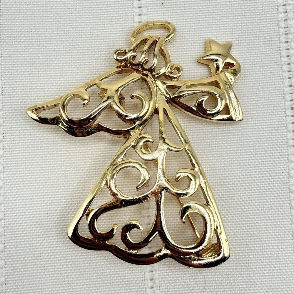 Premier Designs Vintage Gold Tone Holiday Filigree Angel w/ Star Pin Brooch